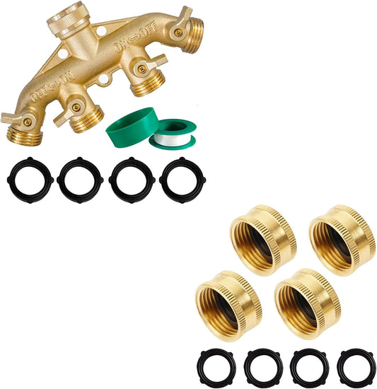 Brass Garden Hose Splitter (4 Way) + Brass Garden Hose End Caps