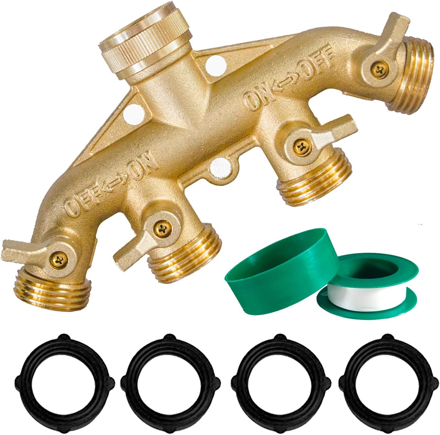 Brass Garden Hose Splitter (4 Way) + Brass Garden Hose End Caps