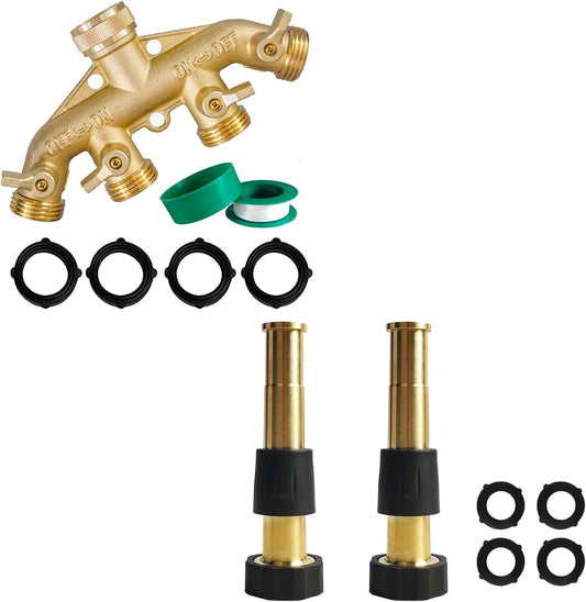 Brass Garden Hose Splitter (4 Way) + 5" Jet Sweeper Garden Hose Nozzle