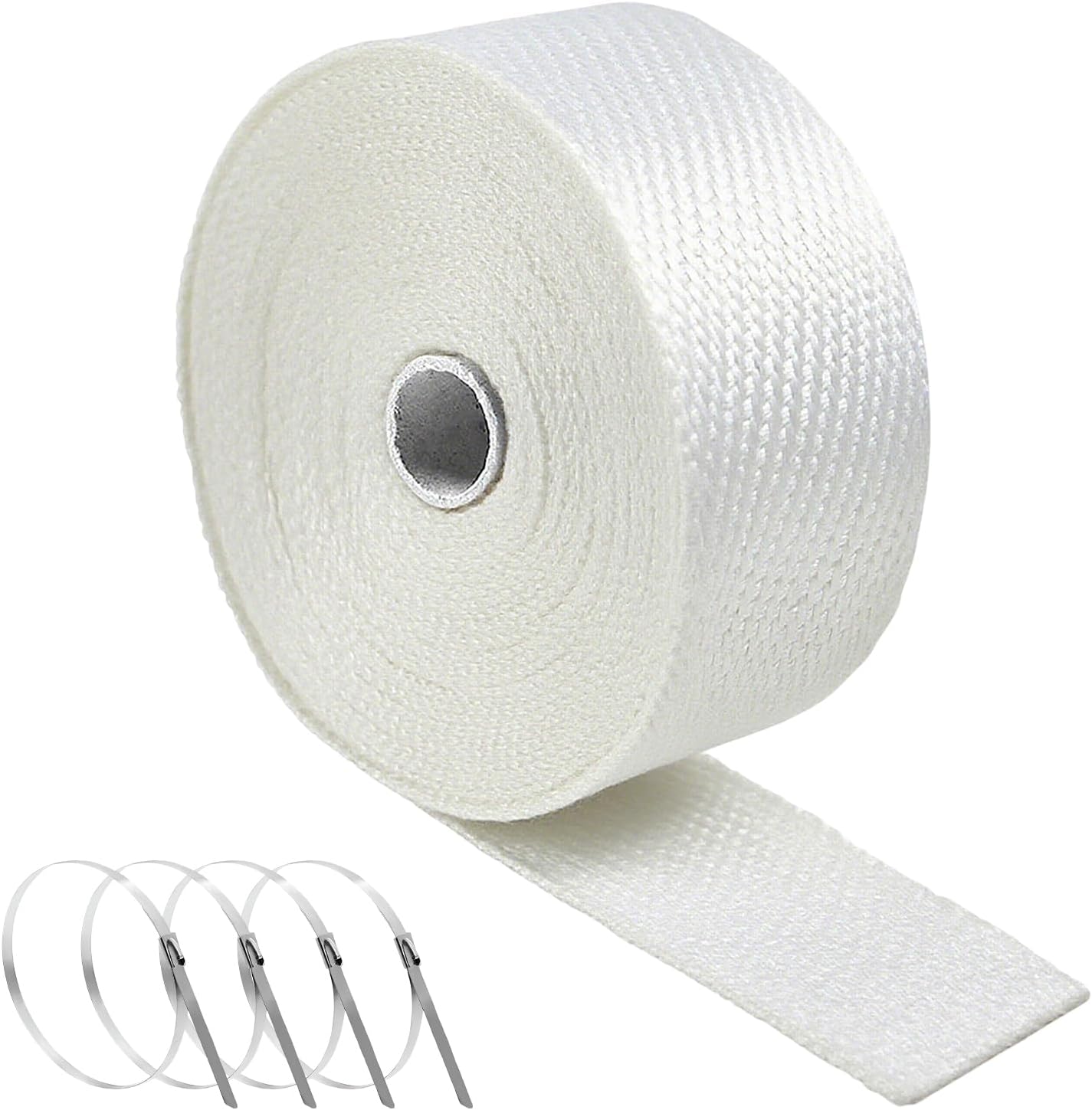 Exhaust Heat Wrap, 2" x 16.5' Fiberglass High Temp Exhaust Muffler Tape with Stainless Locking Ties, Heat Resistant Exhaust Pipe Insulation Roll for Car Motorcycle Truck (White)
