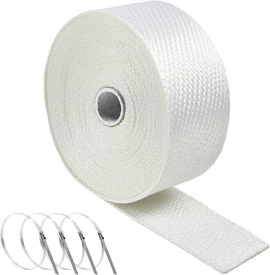 Exhaust Heat Wrap, 2" x 16.5' Fiberglass High Temp Exhaust Muffler Tape with Stainless Locking Ties, Heat Resistant Exhaust Pipe Insulation Roll for Car Motorcycle Truck (White)