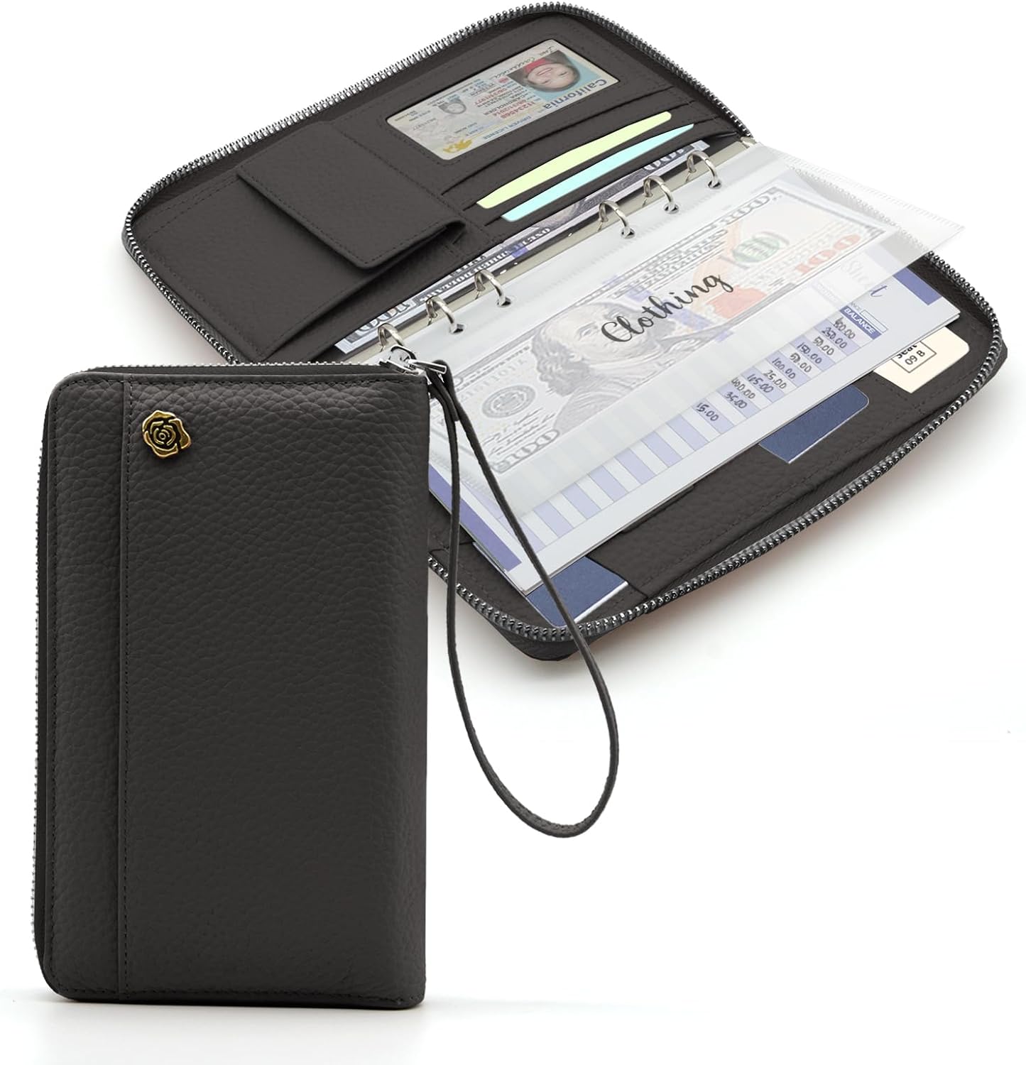 A6 Binder Cash Envelope System Wallet, Money Saving Budget Planner Notebook, 6 Rings Refillable Compact Cash Stuffing Binder, RFID Zipper Planner with Genuine Leather Cover (Black)