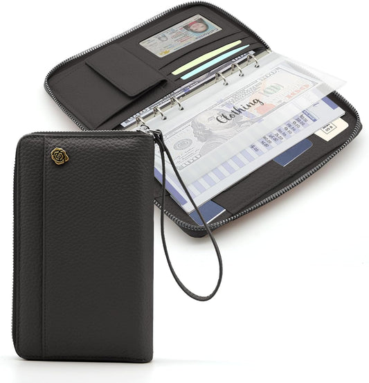 A6 Binder Cash Envelope System Wallet, Money Saving Budget Planner Notebook, 6 Rings Refillable Compact Cash Stuffing Binder, RFID Zipper Planner with Genuine Leather Cover (Black)