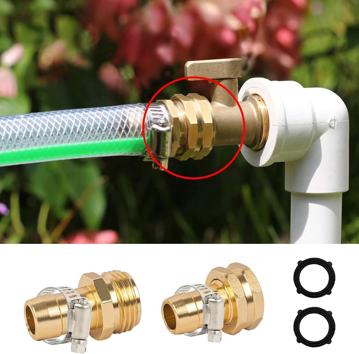 Garden Hose Repair Connector with Clamps + Adjustable Twist Hose Nozzle