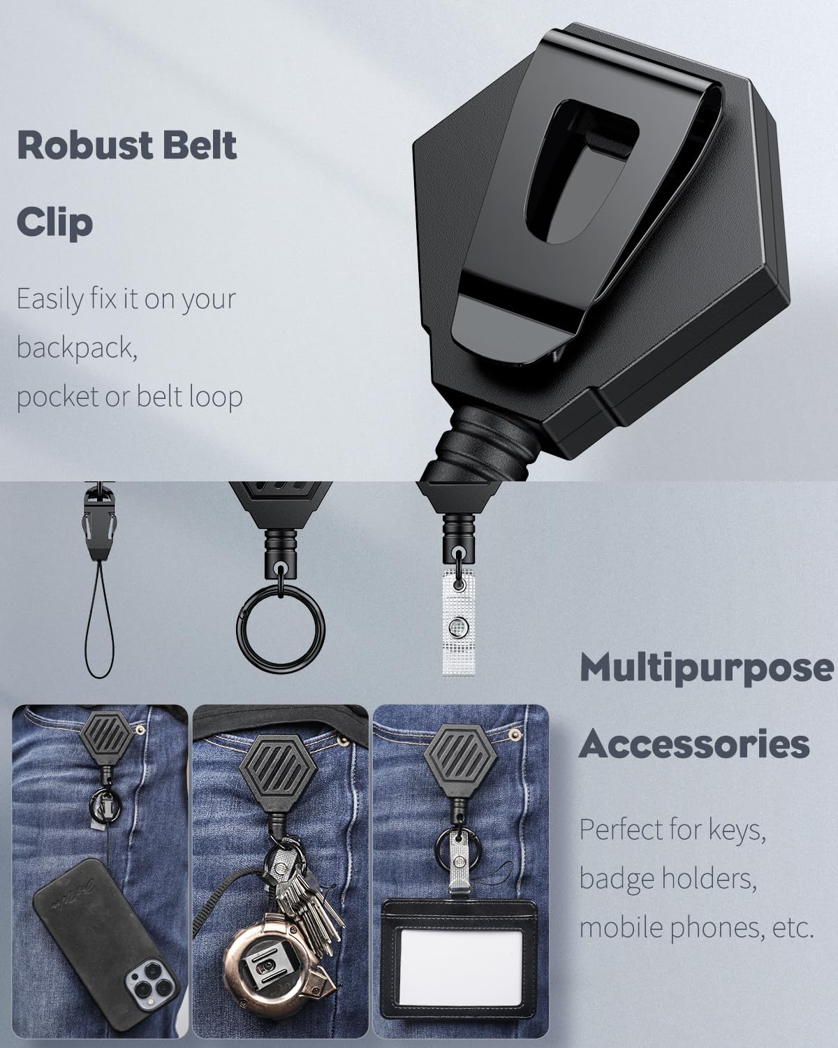 Heavy Duty Retractable Keychain with Magnetic Closure Retractable Badge Reel with Vertical Hard Plastic Case Tactical ID Card Holder Belt Clip and Large Carabiner Ring
