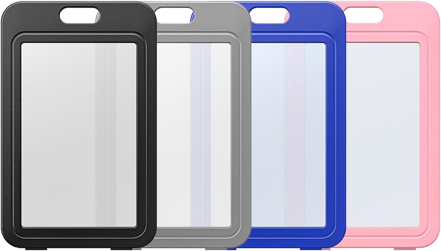 12 Pack ID Badge Holder with Double-Sided Windows Vertical Hard Plastic Case Black Card Protector Pouch, 4 Colors