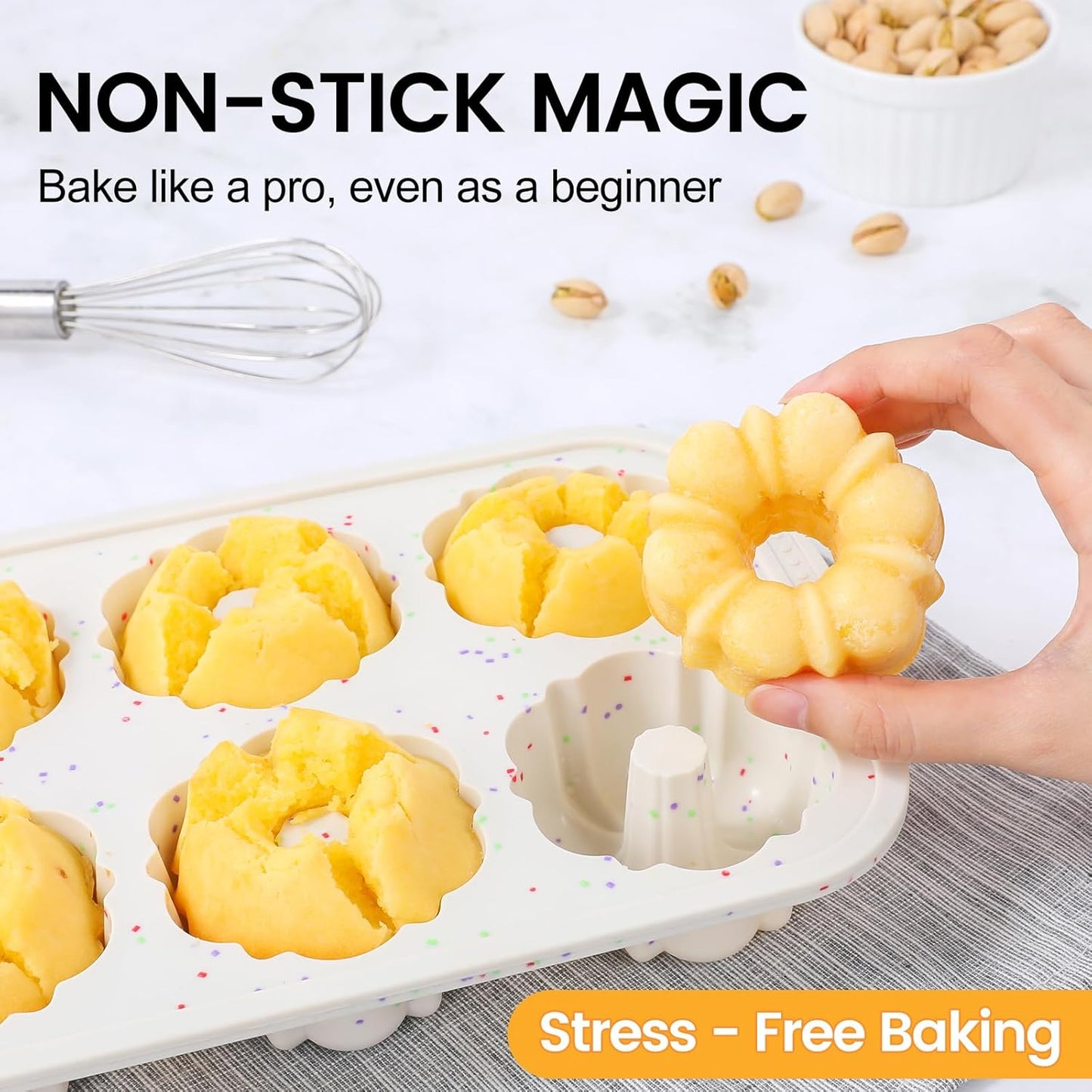 Mini Fluted Tube Pan with Metal Reinforced Frame, 6-Cavity Silicone Nonstick Small Cake Molds 2Pcs for Chocoflan, Donuts, Cornbread, Brownies, Jellies BPA Free