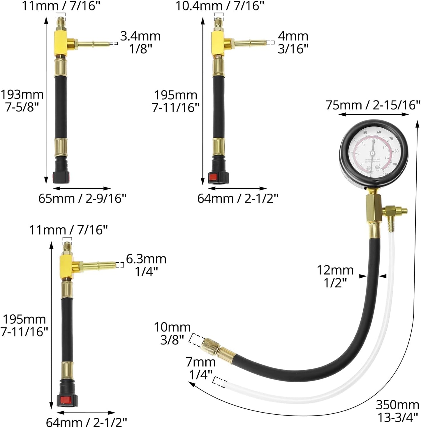 Universal Fuel Pressure Test Kit, Dual Scale Gauge (0-7 bar/0-100 psi) with Multiple Adapter Sizes, Brass Connectors