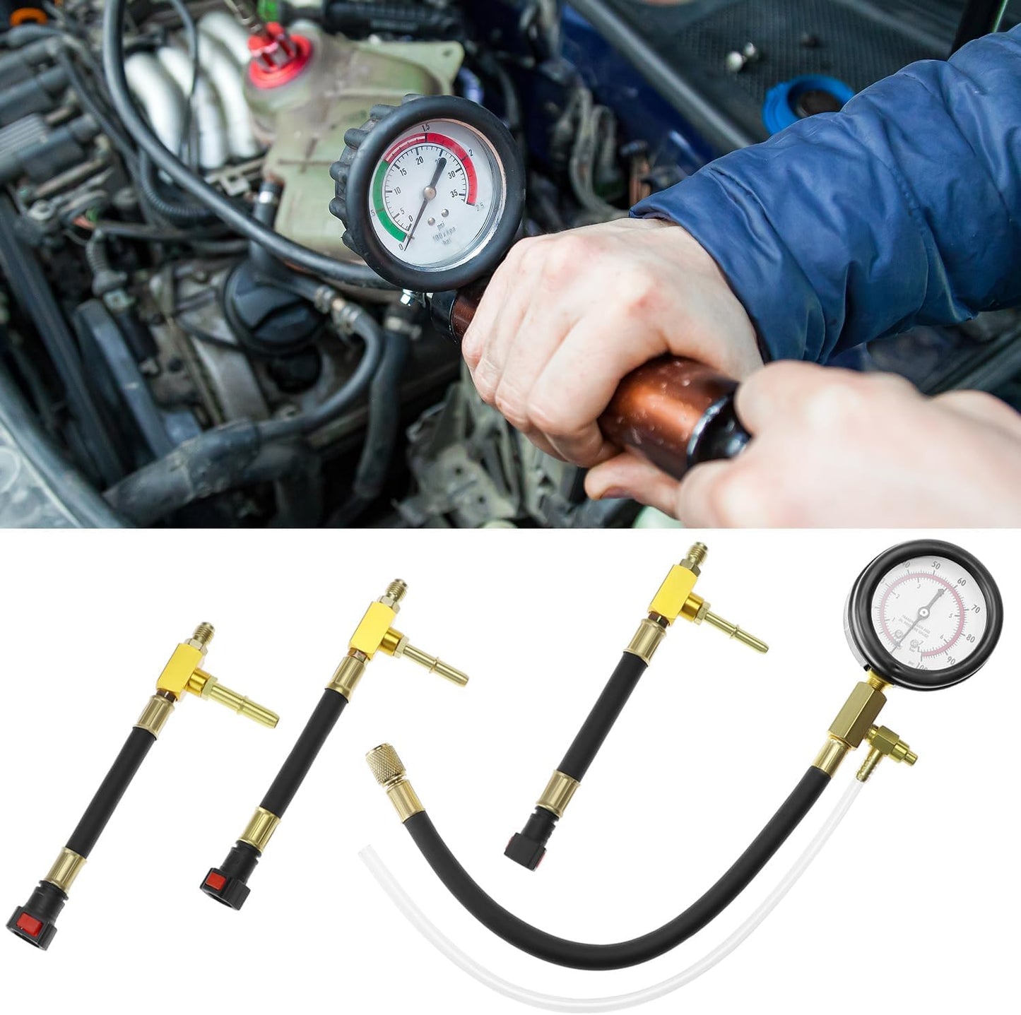 Universal Fuel Pressure Test Kit, Dual Scale Gauge (0-7 bar/0-100 psi) with Multiple Adapter Sizes, Brass Connectors