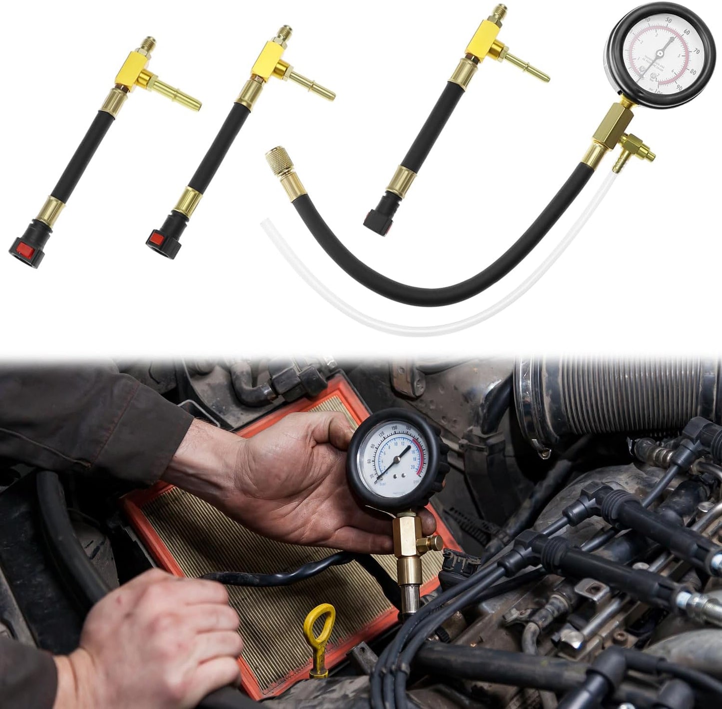 Universal Fuel Pressure Test Kit, Dual Scale Gauge (0-7 bar/0-100 psi) with Multiple Adapter Sizes, Brass Connectors
