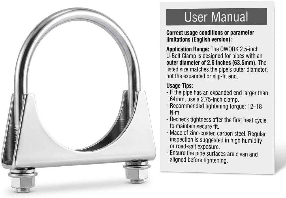 Zinc-Plated Carbon Steel U-Bolt Clamp 2.5" – 4 Pack Fits 2.5" OD Pipes for Exhaust, Muffler & Gate Connection