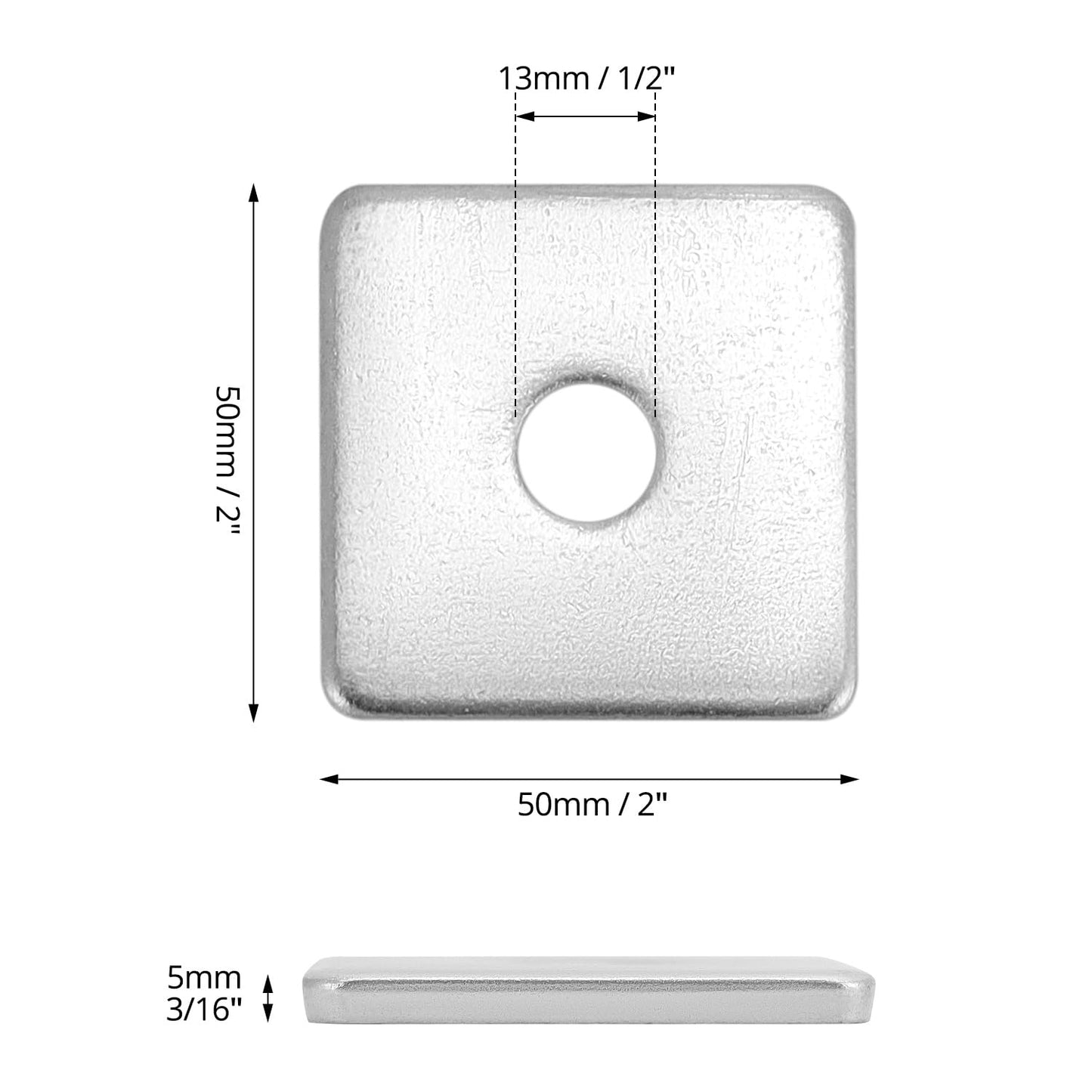 50-Pack Galvanized Square Washers Plate – 1/2" ID, 2x2 OD, 3/16" Thickness, Anti-Loosening Plate Fastener for Construction and Industrial Equipment