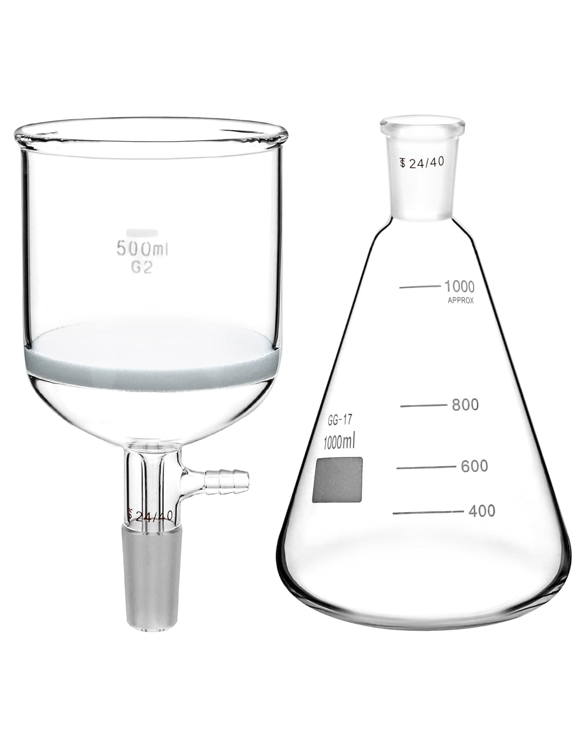 Borosilicate Glass 500ml Buchner Filtering Funnel and 1000 mL Erlenmeyer Flask, with Standard 24/40 Joint