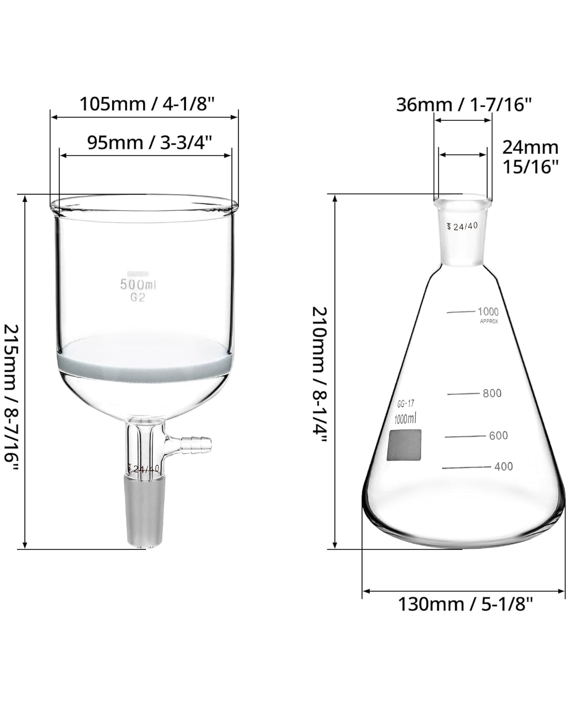 Borosilicate Glass 500ml Buchner Filtering Funnel and 1000 mL Erlenmeyer Flask, with Standard 24/40 Joint