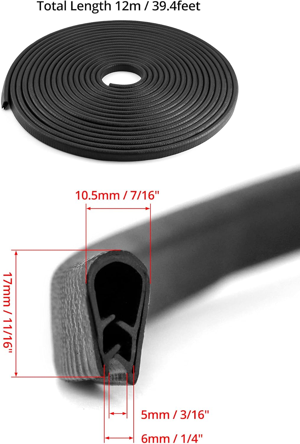 Seal Strip, 40 Feet Edge Trim, EDPM Rubber Seal Trim for Cars, Boats, Trucks, RVs, Fits Edge 1/16" to 1/8"