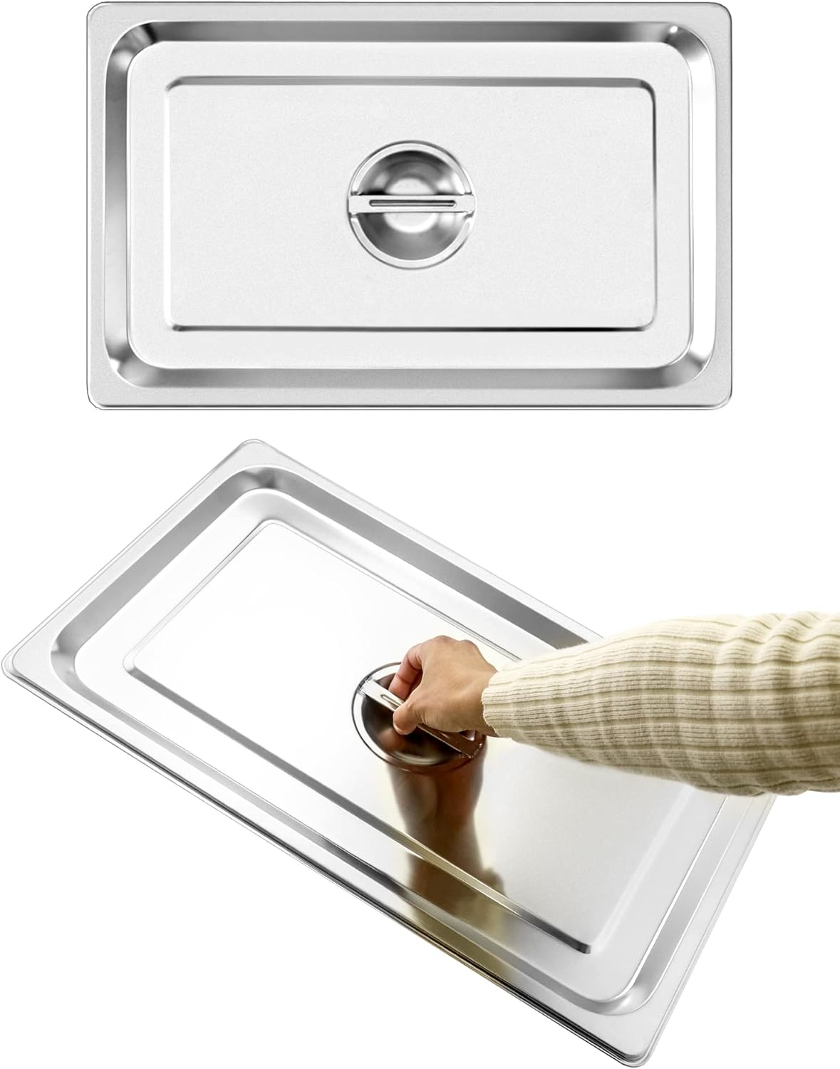 Full Size Stainless Steel Steam Table Pan Cover with Handle - Set of 2, Durable Lid for Steam Pans