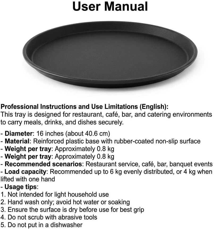 16-Inch Round Non-Slip Serving Trays – 4 Pack Rubber Surface Plastic Tray Set for Restaurant, Café & Bar