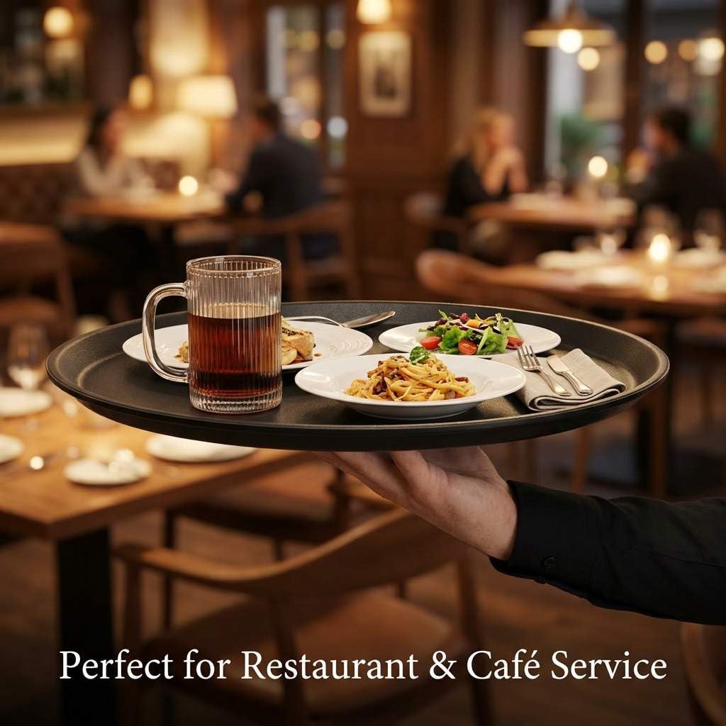 16-Inch Round Non-Slip Serving Trays – 4 Pack Rubber Surface Plastic Tray Set for Restaurant, Café & Bar