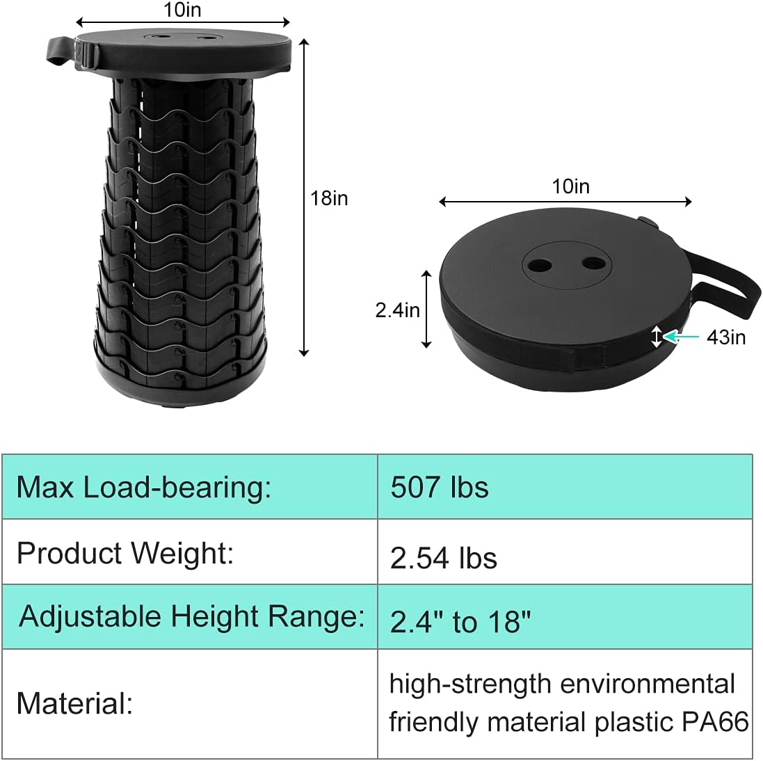 Retractable Folding Stool Upgraded, Portable Lightweight Collapsible Stool Telescoping Chair Seat Adjustable Height with Load 400 lbs for Adult Camping Travel Fishing Outdoor