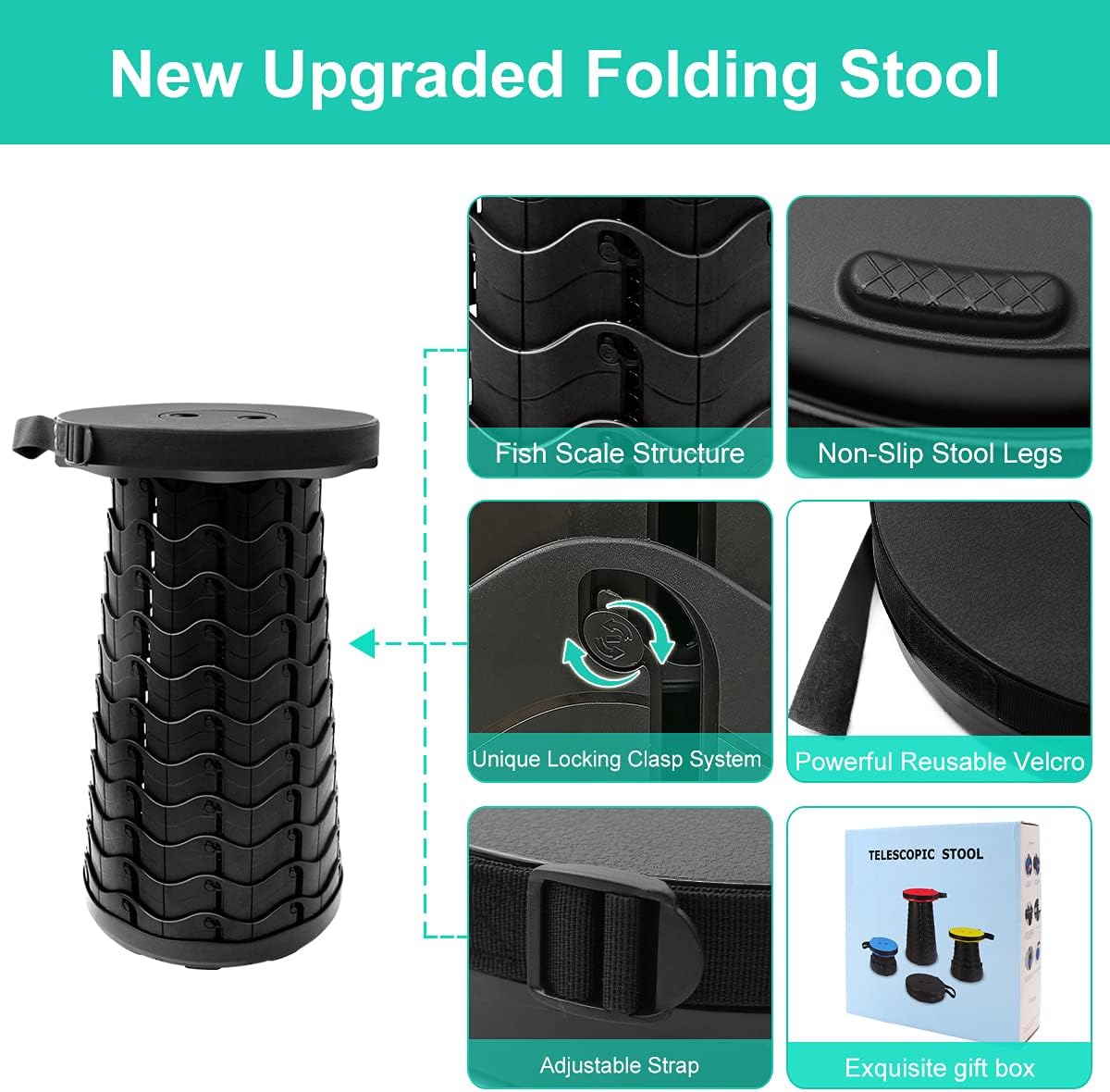 Retractable Folding Stool Upgraded, Portable Lightweight Collapsible Stool Telescoping Chair Seat Adjustable Height with Load 400 lbs for Adult Camping Travel Fishing Outdoor