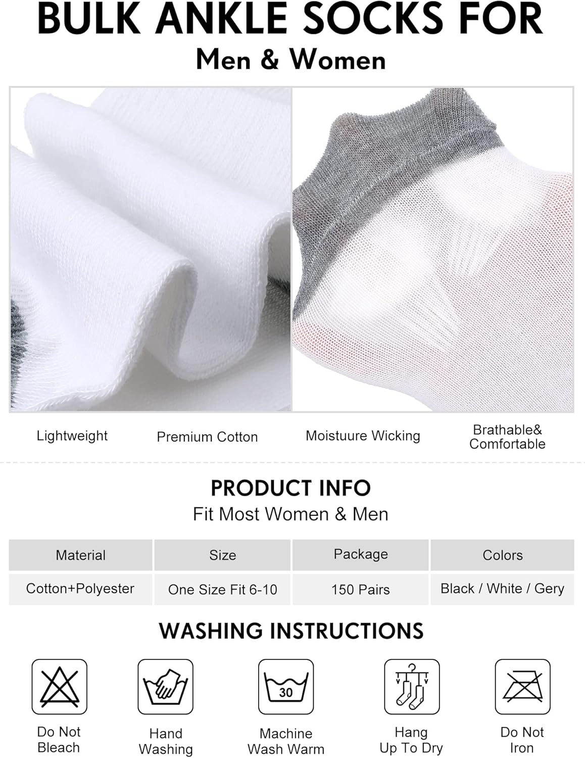 150 Pairs Men's Cushion Ankle Socks Breathable Casual Comfort Men Low Cut Sock for Sports Outdoor Running