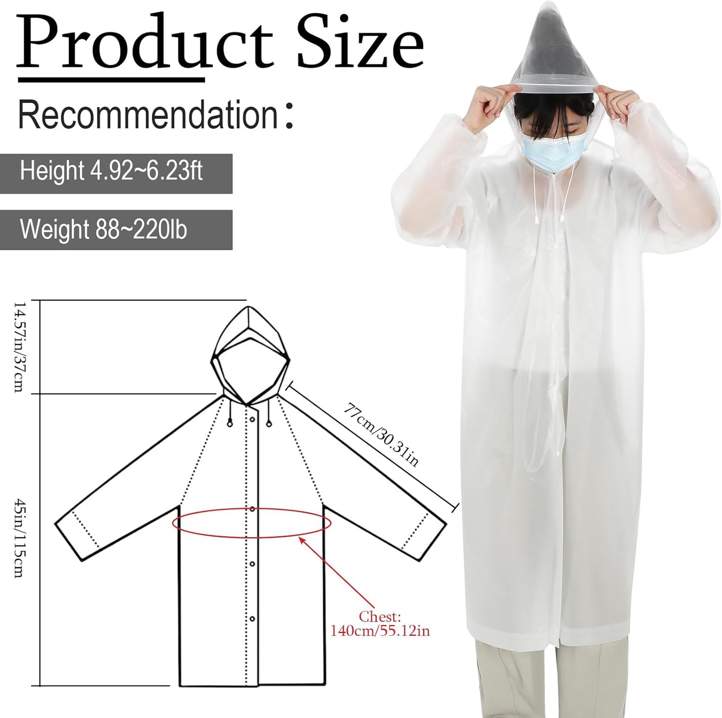 20 Pcs Rain Poncho for Adults Reusable Raincoats Emergency with Drawstring and Hood EVA Rain Jacket for Men Women