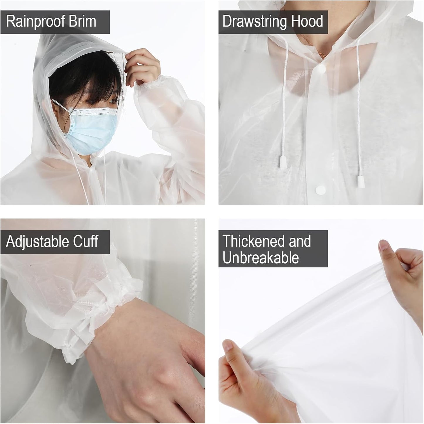 20 Pcs Rain Poncho for Adults Reusable Raincoats Emergency with Drawstring and Hood EVA Rain Jacket for Men Women