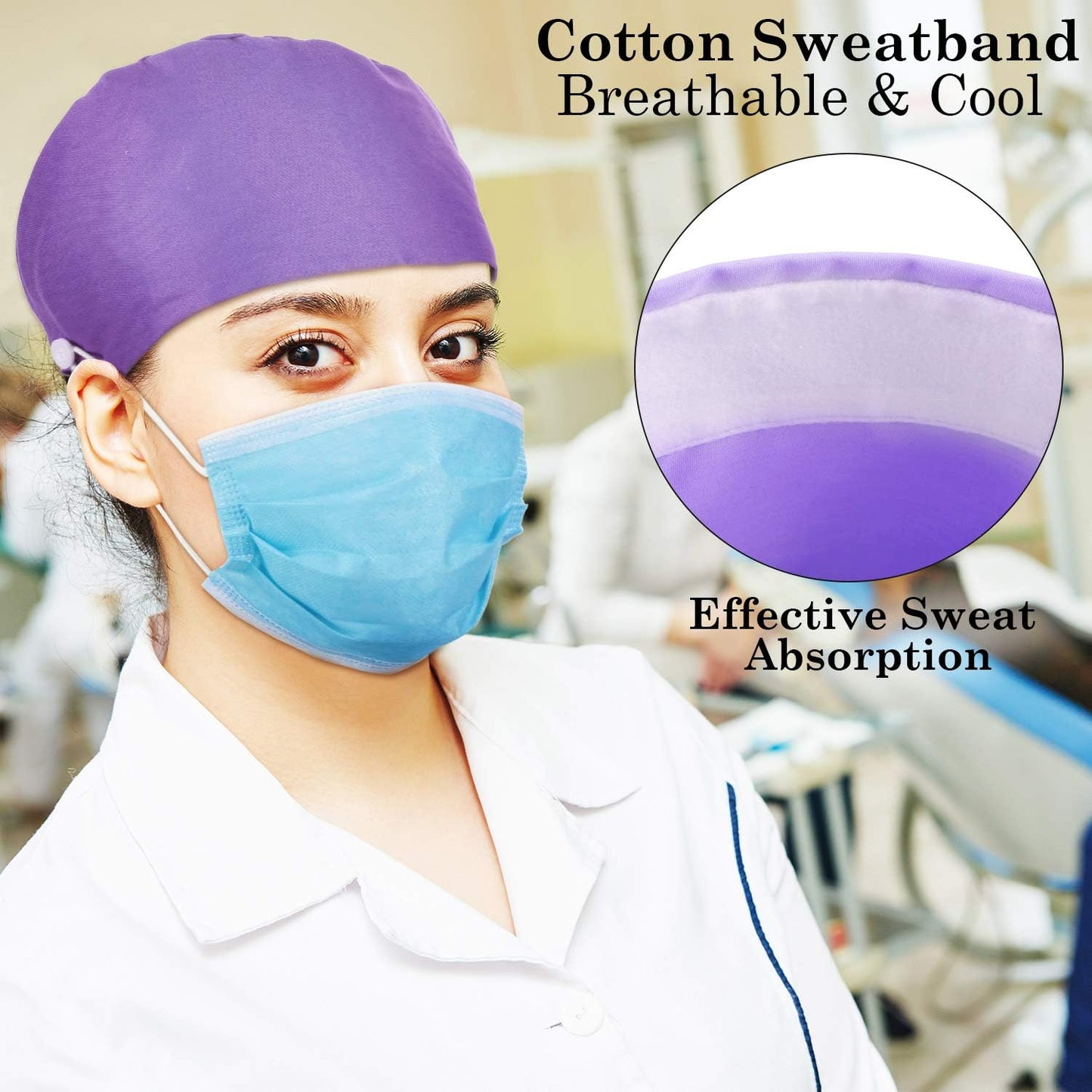 5 Pcs Surgical Working Caps with Button Adjustable Gourd Shaped Bouffant Working Hats with Sweatband Tie Back