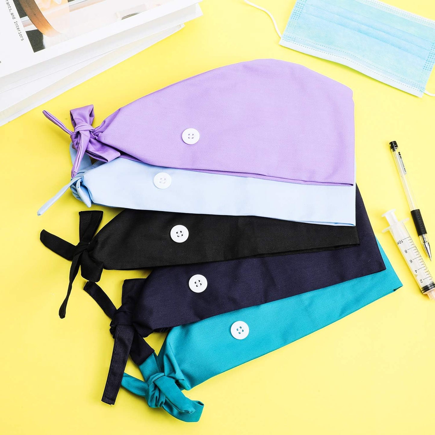 5 Pcs Surgical Working Caps with Button Adjustable Gourd Shaped Bouffant Working Hats with Sweatband Tie Back