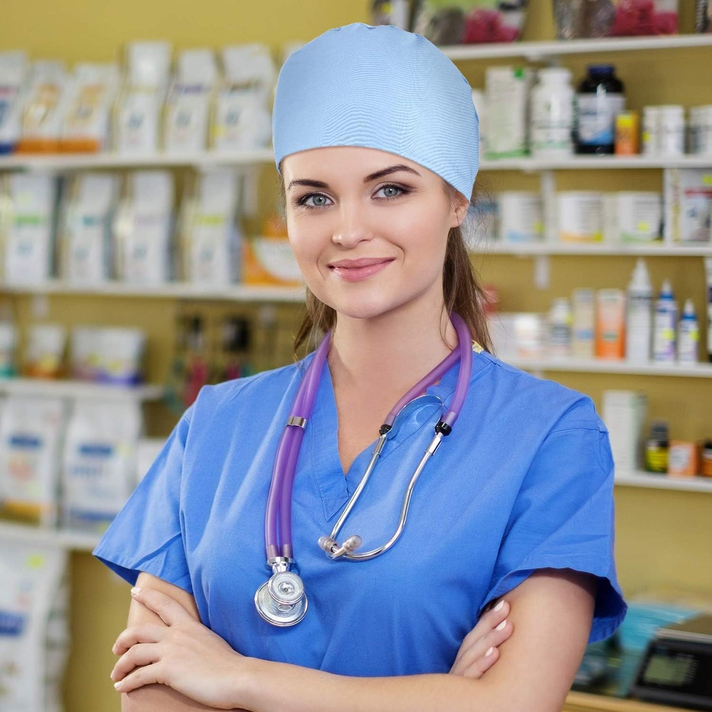 5 Pcs Surgical Working Caps with Button Adjustable Gourd Shaped Bouffant Working Hats with Sweatband Tie Back