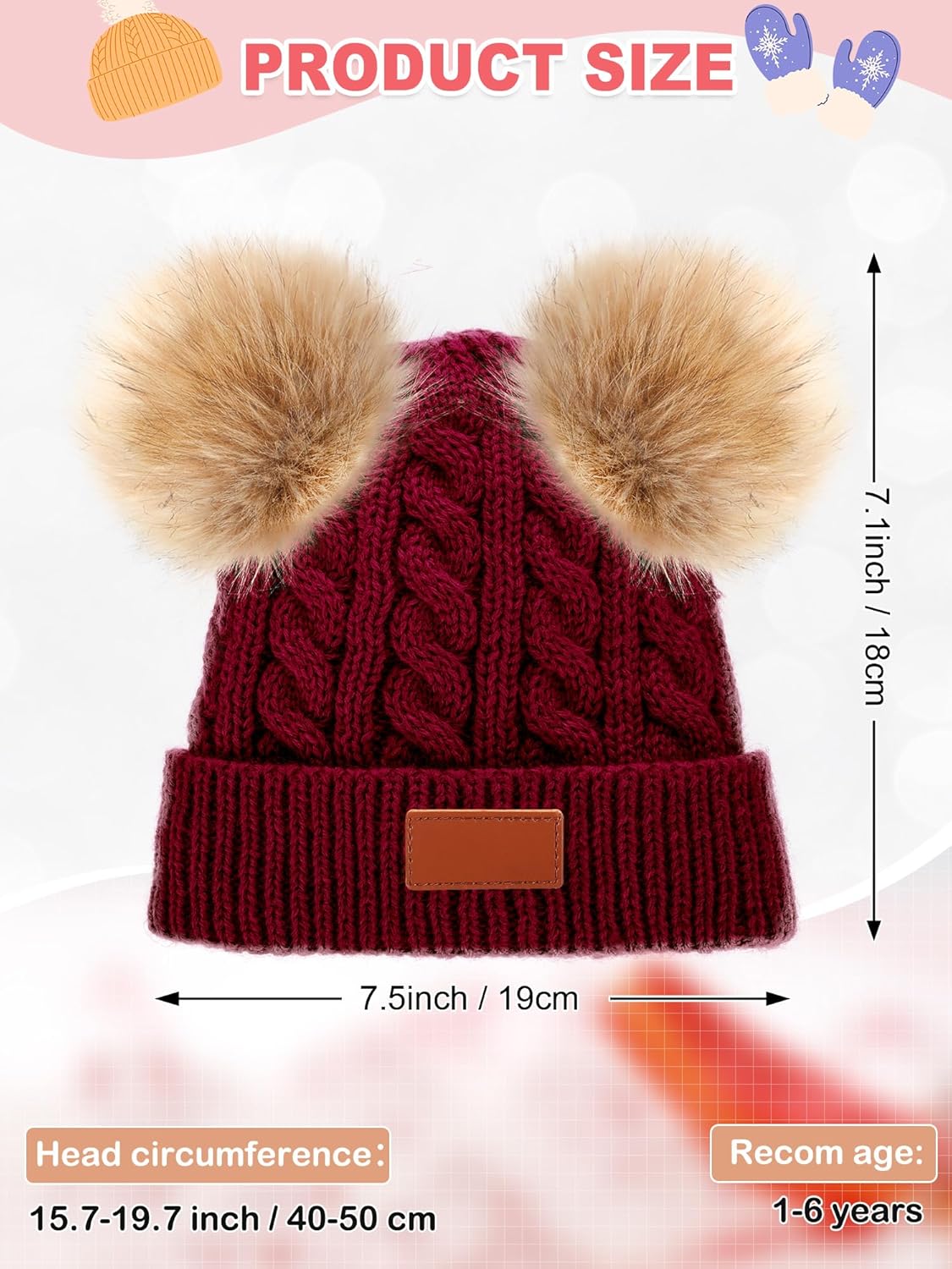 3 Set Toddler Hat Glove Set, Kids Hats Winter Warm Knitted Beanie Mittens Gloves for Baby Girls Boys 0-6Y(Black, Red, Light Brown)