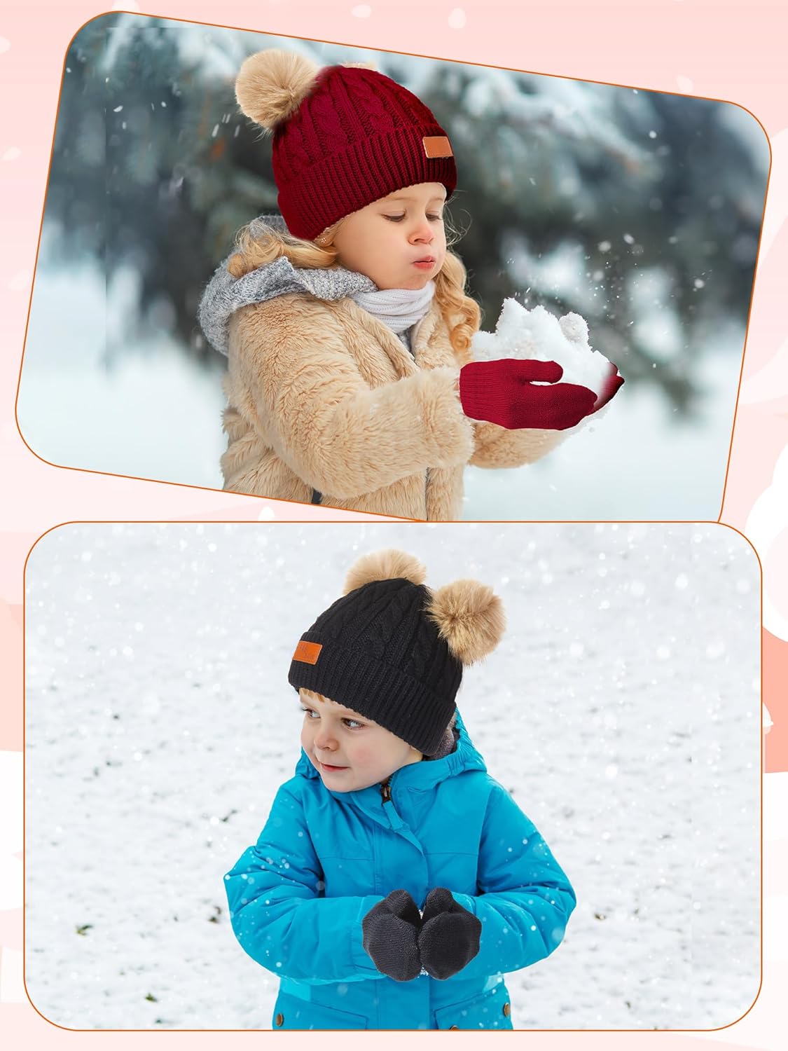 3 Set Toddler Hat Glove Set, Kids Hats Winter Warm Knitted Beanie Mittens Gloves for Baby Girls Boys 0-6Y(Black, Red, Light Brown)