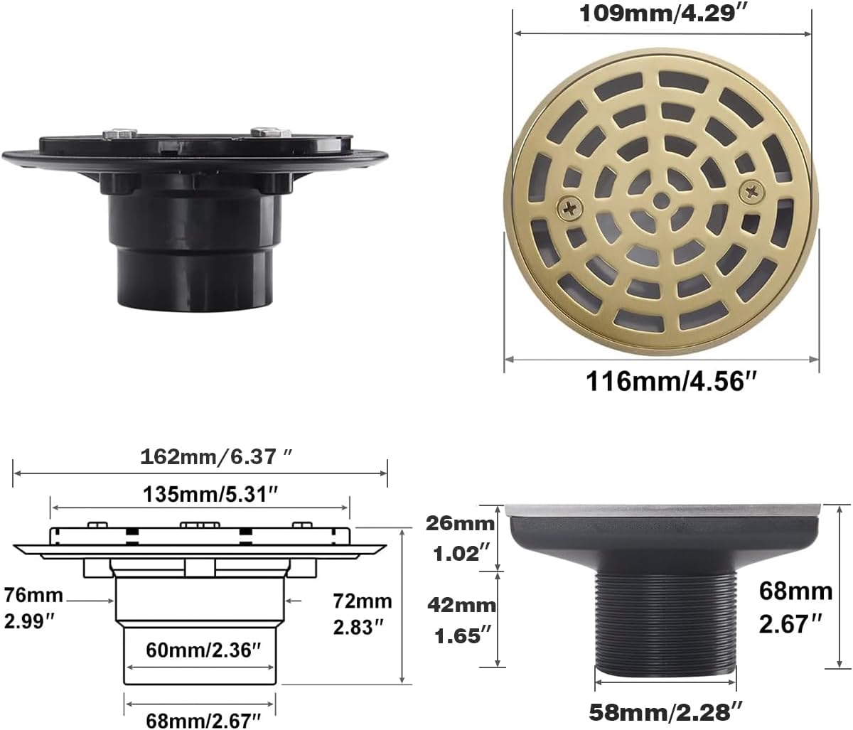 Round Shower Drain SUS304 Stainless Steel Brushed Gold Shower Drain 4 inch with Adjustable PVC Base Flange,Shower Floor Drain with Removable Cover Grid Grate