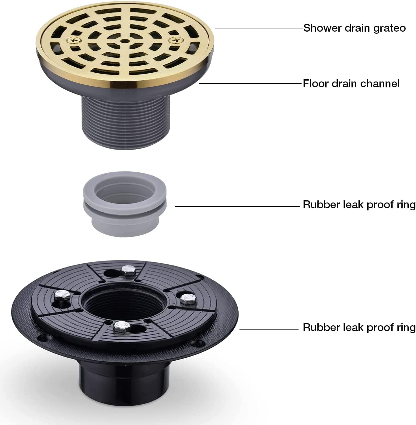 Round Shower Drain SUS304 Stainless Steel Brushed Gold Shower Drain 4 inch with Adjustable PVC Base Flange,Shower Floor Drain with Removable Cover Grid Grate