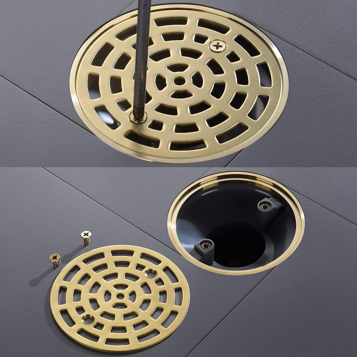 Round Shower Drain SUS304 Stainless Steel Brushed Gold Shower Drain 4 inch with Adjustable PVC Base Flange,Shower Floor Drain with Removable Cover Grid Grate