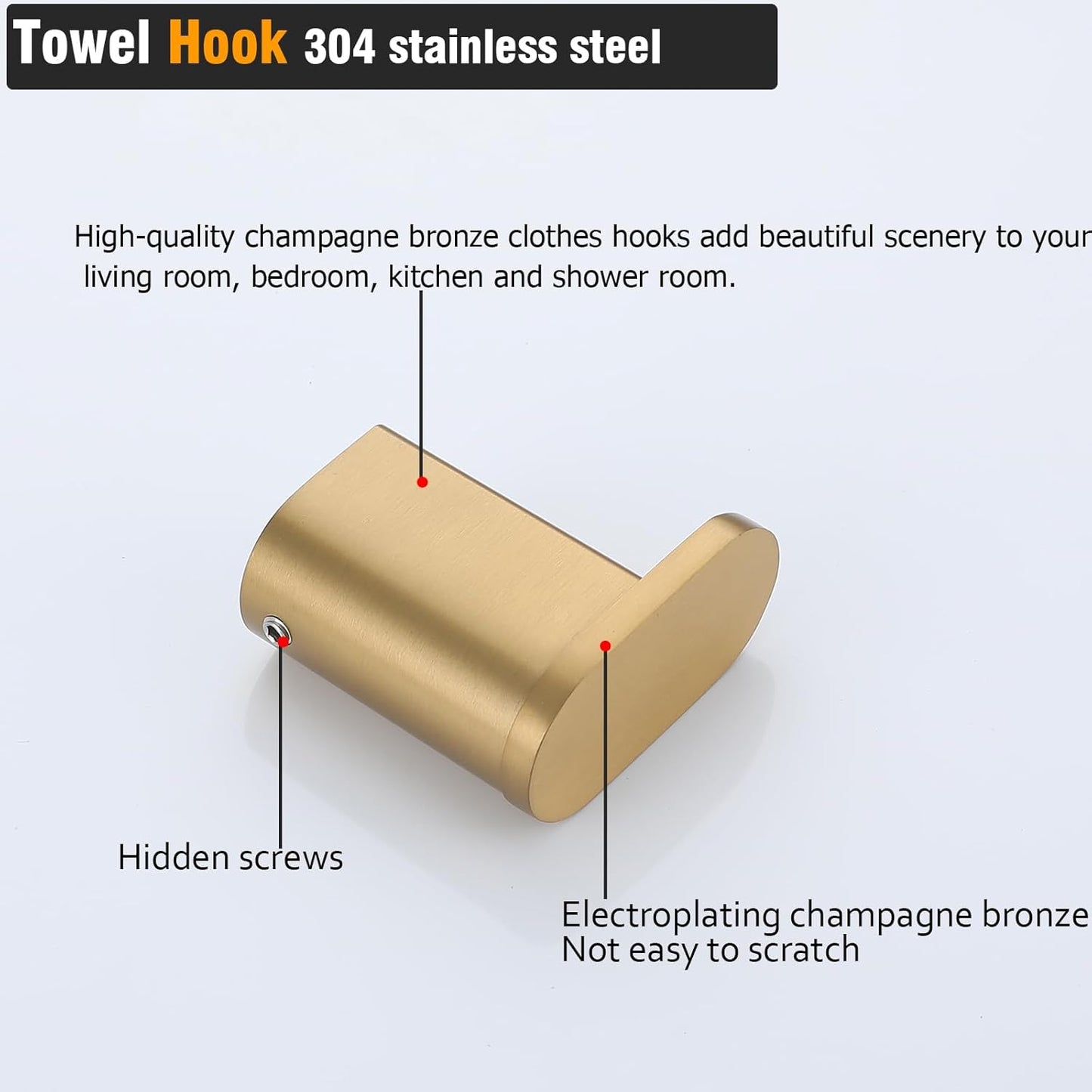 Champagne Bronze Towel Hooks for Bathrooms Wall Mount Coat Hooks SUS304 Stainless Steel Hand Towel Robe Hook.96026-8CB