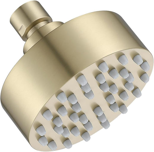 Brushed Gold Shower Head Round Power Shower Head High Pressure Shower Head Gold Fixed Showerhead 3.7” Stainless Steel Rain Shower Head for Luxury Shower Experience Even at Low Water Pressure