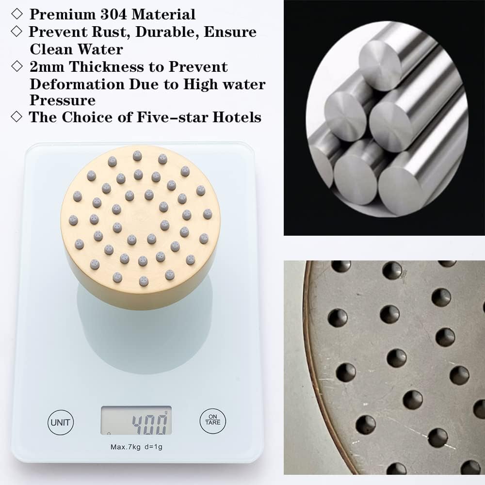 Brushed Gold Shower Head Round Power Shower Head High Pressure Shower Head Gold Fixed Showerhead 3.7” Stainless Steel Rain Shower Head for Luxury Shower Experience Even at Low Water Pressure