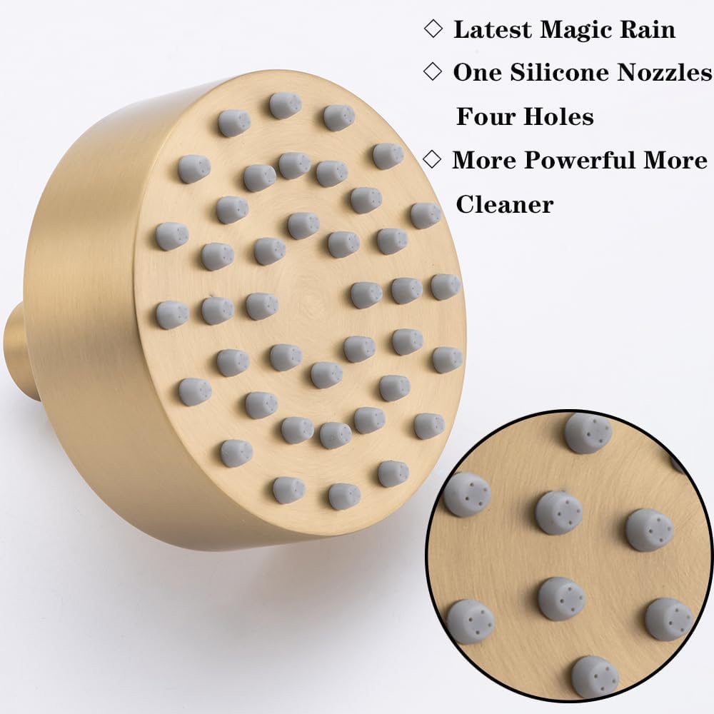 Brushed Gold Shower Head Round Power Shower Head High Pressure Shower Head Gold Fixed Showerhead 3.7” Stainless Steel Rain Shower Head for Luxury Shower Experience Even at Low Water Pressure