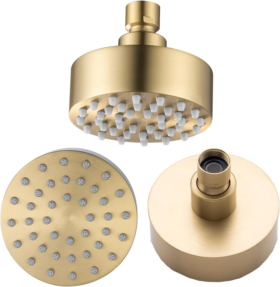 Brushed Gold Shower Head Round Power Shower Head High Pressure Shower Head Gold Fixed Showerhead 3.7” Stainless Steel Rain Shower Head for Luxury Shower Experience Even at Low Water Pressure