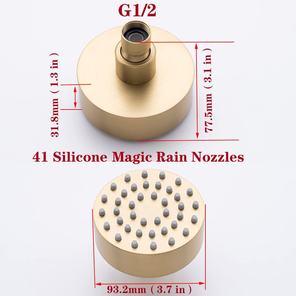 Brushed Gold Shower Head Round Power Shower Head High Pressure Shower Head Gold Fixed Showerhead 3.7” Stainless Steel Rain Shower Head for Luxury Shower Experience Even at Low Water Pressure