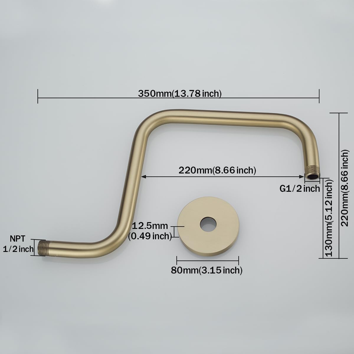 Shower Head Riser Pipe,Goose Neck Shower Arm 13 Inch Shower Head Extension Arm with Flange,Standard 1/2" Connection,Brushed Gold.RD-91058-13BG