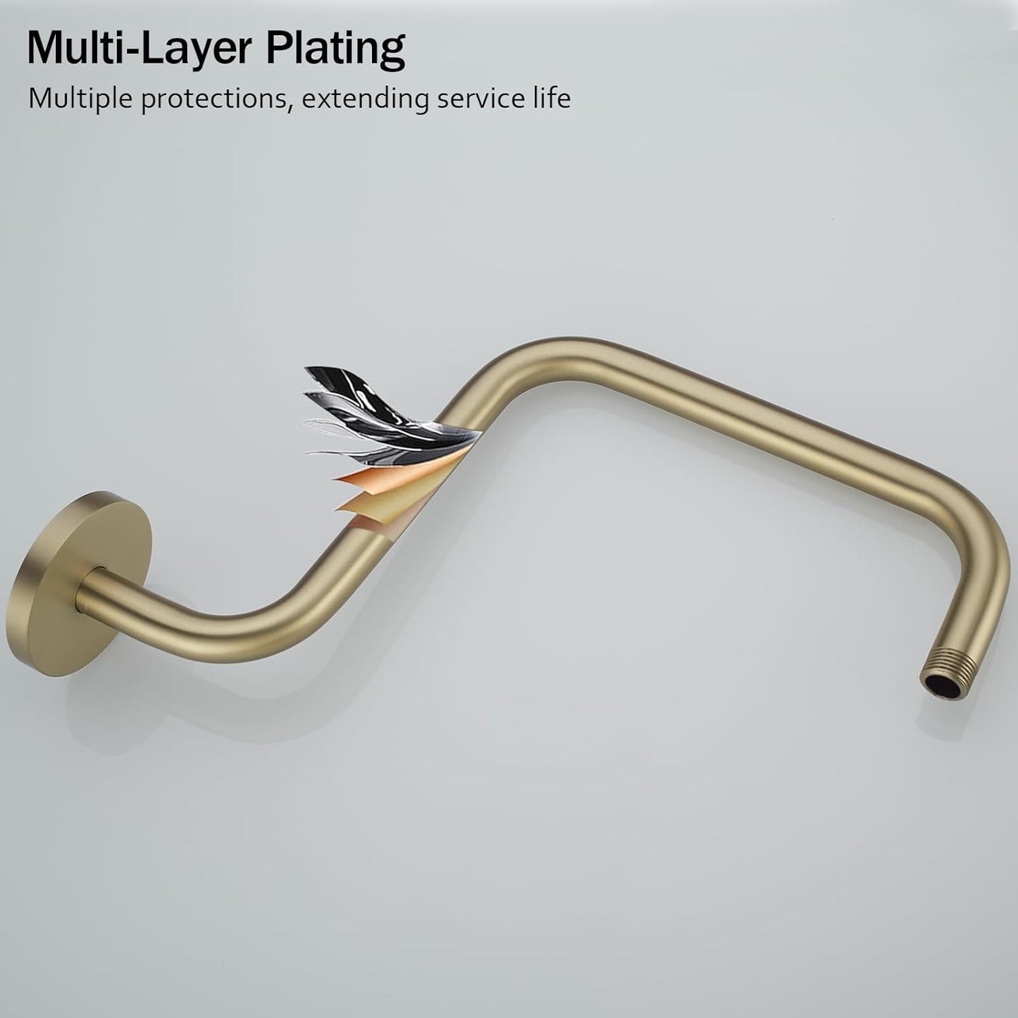 Shower Head Riser Pipe,Goose Neck Shower Arm 13 Inch Shower Head Extension Arm with Flange,Standard 1/2" Connection,Brushed Gold.RD-91058-13BG