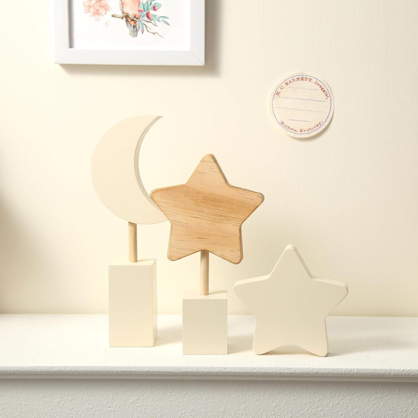 3 Pcs Boho Nursery Shelf Decor Wooden Moon and Star Nursery Decor Set Cute Bohemian Children Kids Decoration for Boys Girls Farmhouse Bedroom Kindergarten Classroom Playroom Bookshelf
