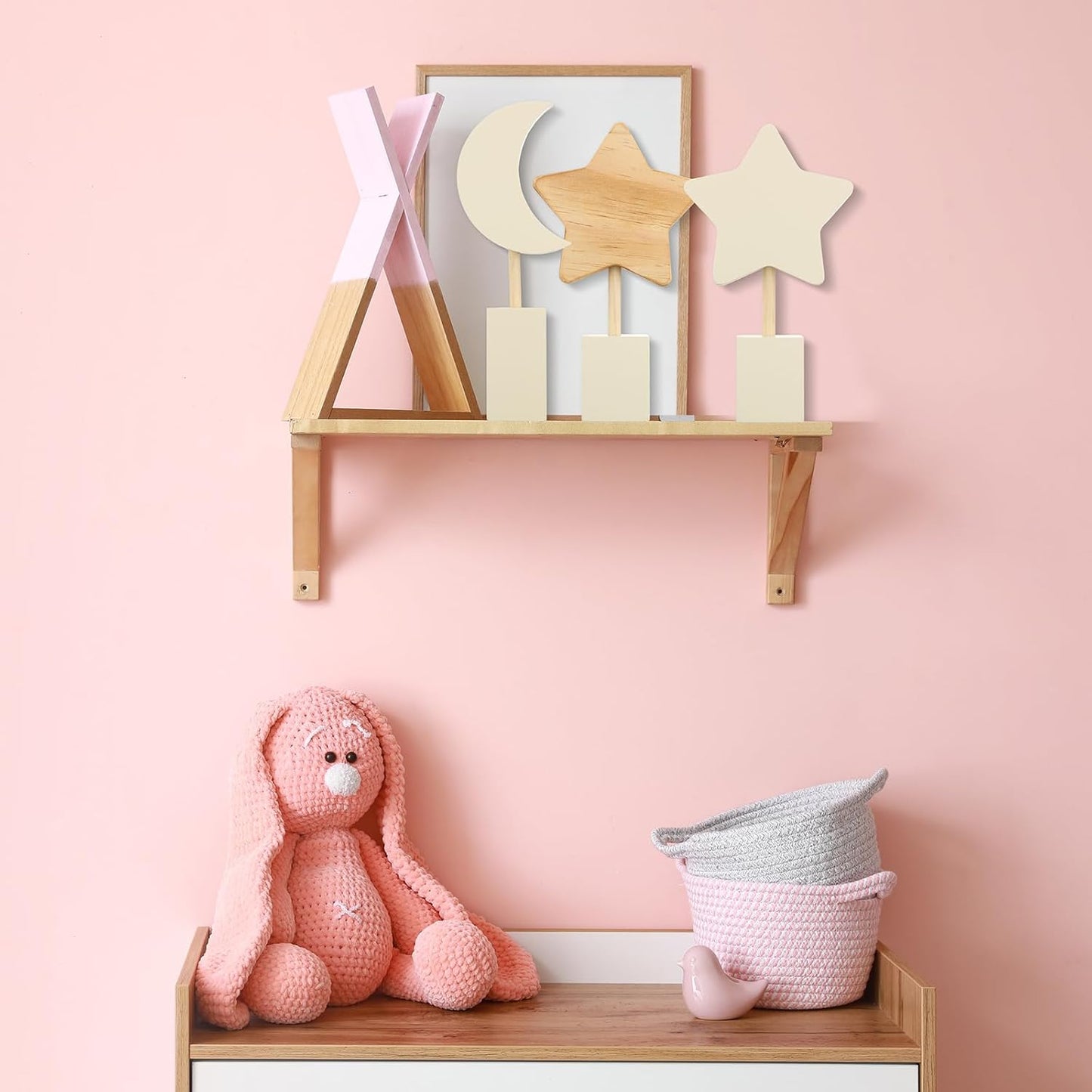 3 Pcs Boho Nursery Shelf Decor Wooden Moon and Star Nursery Decor Set Cute Bohemian Children Kids Decoration for Boys Girls Farmhouse Bedroom Kindergarten Classroom Playroom Bookshelf