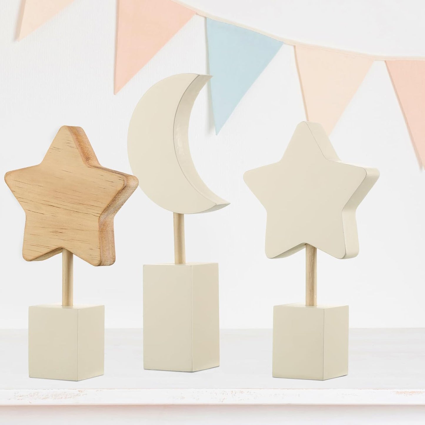 3 Pcs Boho Nursery Shelf Decor Wooden Moon and Star Nursery Decor Set Cute Bohemian Children Kids Decoration for Boys Girls Farmhouse Bedroom Kindergarten Classroom Playroom Bookshelf