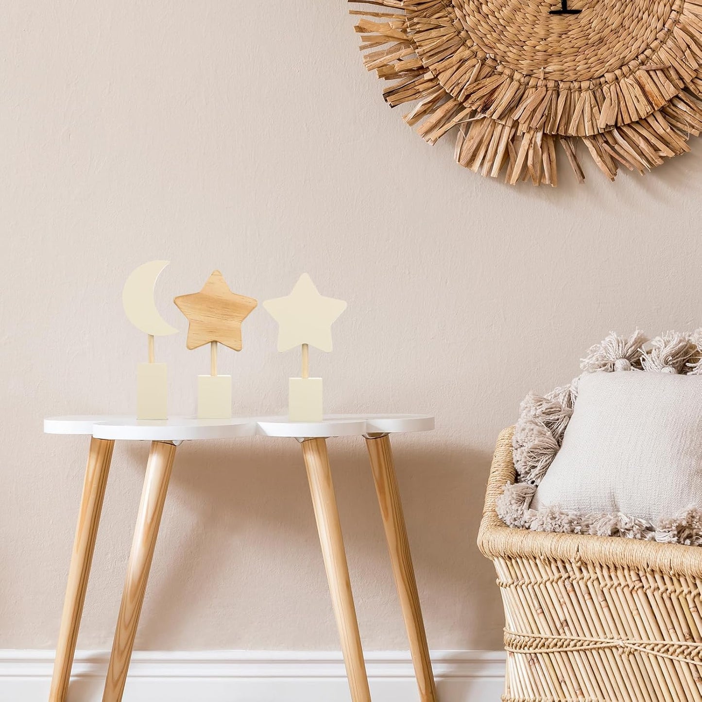 3 Pcs Boho Nursery Shelf Decor Wooden Moon and Star Nursery Decor Set Cute Bohemian Children Kids Decoration for Boys Girls Farmhouse Bedroom Kindergarten Classroom Playroom Bookshelf