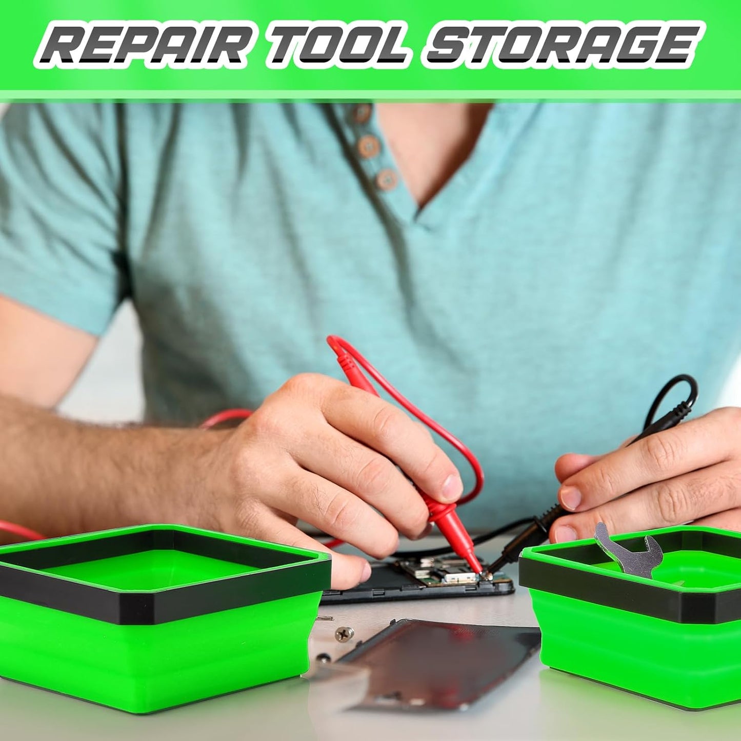 10 Pcs Magnetic Tool Tray Collapsible Foldable Parts Trays Set Magnetic Screw Tray Magnetic Parts Bowl Square Silicone Magnetic Tool for Bolts Nuts Washers Pins Screw Parts (Green)