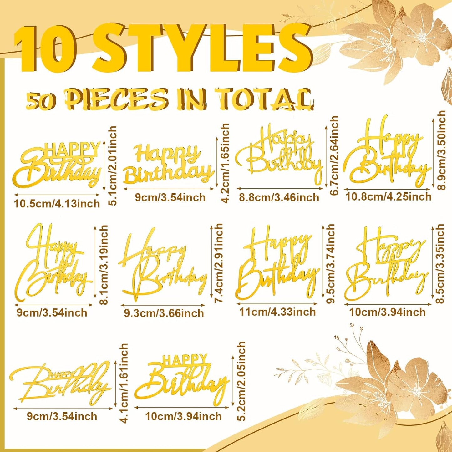 50 Pcs Happy Birthday Cake Toppers Bulk Mirror Acrylic Cupcake Topper Cupcake Decorations Happy Birthday Sign for Cake Side Inserts Decor Party Supplies 10 Style(Gold)