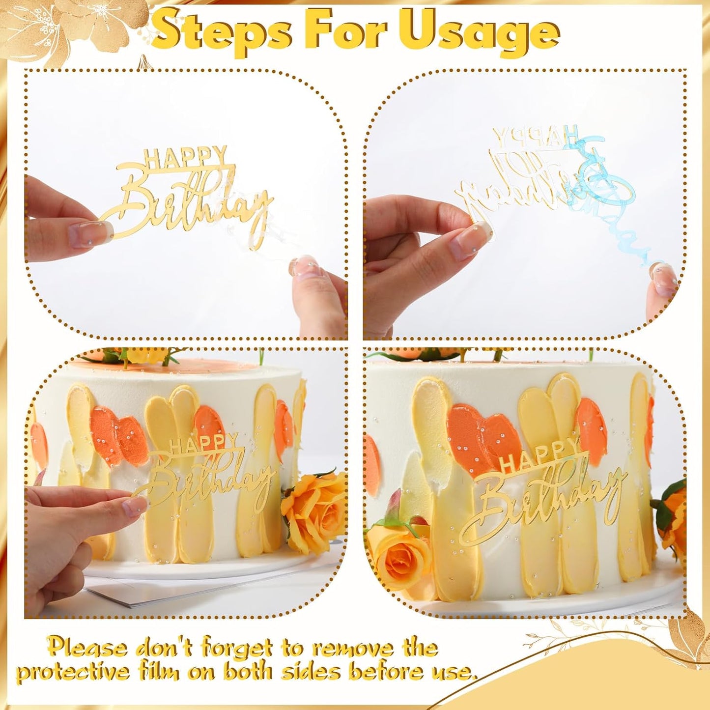 50 Pcs Happy Birthday Cake Toppers Bulk Mirror Acrylic Cupcake Topper Cupcake Decorations Happy Birthday Sign for Cake Side Inserts Decor Party Supplies 10 Style(Gold)